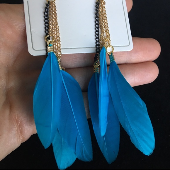 Blue Feather Long Drop Dangle Fashion Jewelry Earrings - Picture 4 of 7